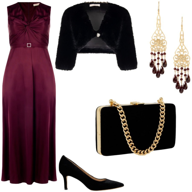 Outfit donna - Matrimonio d\'inverno. Stile Chic per Cerimonia. Abbinamento con vestiti lunghi, bolero, clutch, orecchini, décolleté.