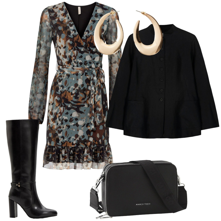 Outfit donna - Vestito e stivali. per Tutti i giorni. Abbinamento con vestiti corti, stivali, borse a tracolla, orecchini, blazer.