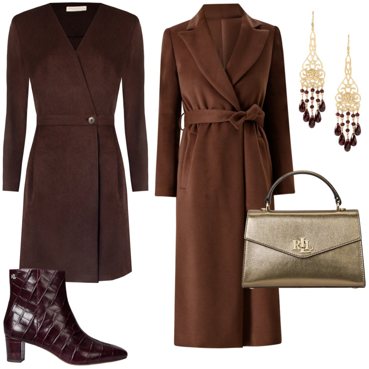 Outfit donna - Abito a Portafoglio Marrone. Stile Chic per Serata fuori. Abbinamento con vestiti corti, cappotti, orecchini, stivaletti, borse a mano.