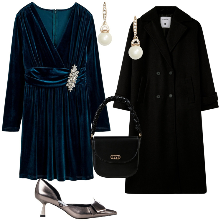 Outfit donna - Cerimonia di sera. per Cerimonia. Abbinamento con vestiti, cappotti, décolleté, borse a mano, orecchini.