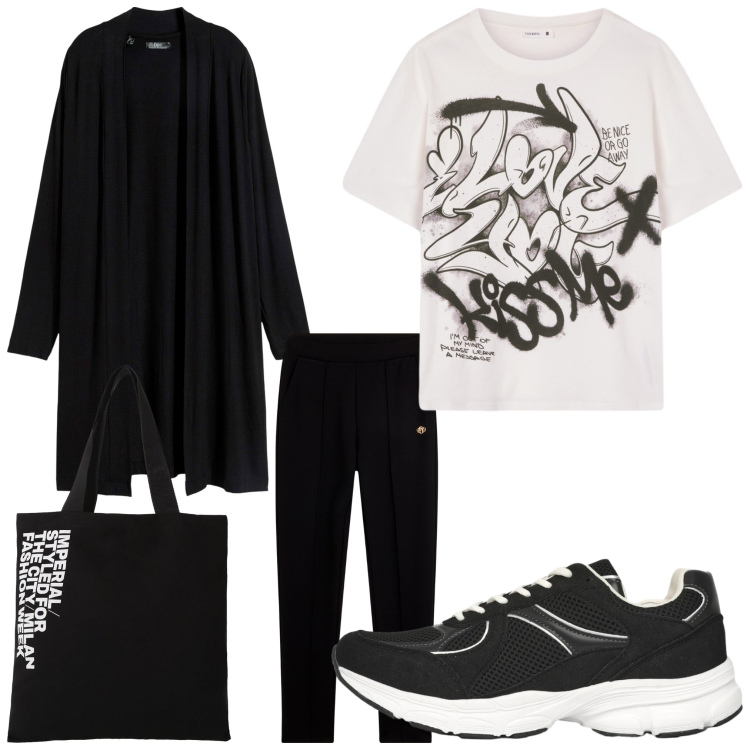 Outfit donna - Autunno comodo. Stile Casual per Tutti i giorni. Abbinamento con cardigans, sneakers, t-shirt, shopping bag, pantaloni.