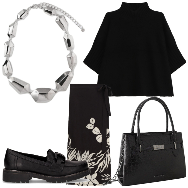 Outfit donna - Questione di stile. Stile Chic per Ufficio. Abbinamento con borse a mano, gonne lunghe, maglieria, mocassini, ciondoli.