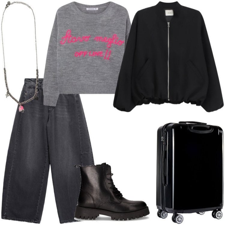 Outfit donna - Fuori per un weekend. Stile Trendy per Tutti i giorni. Abbinamento con maglieria, ciondoli, valigie, jeans, bomber, anfibi.