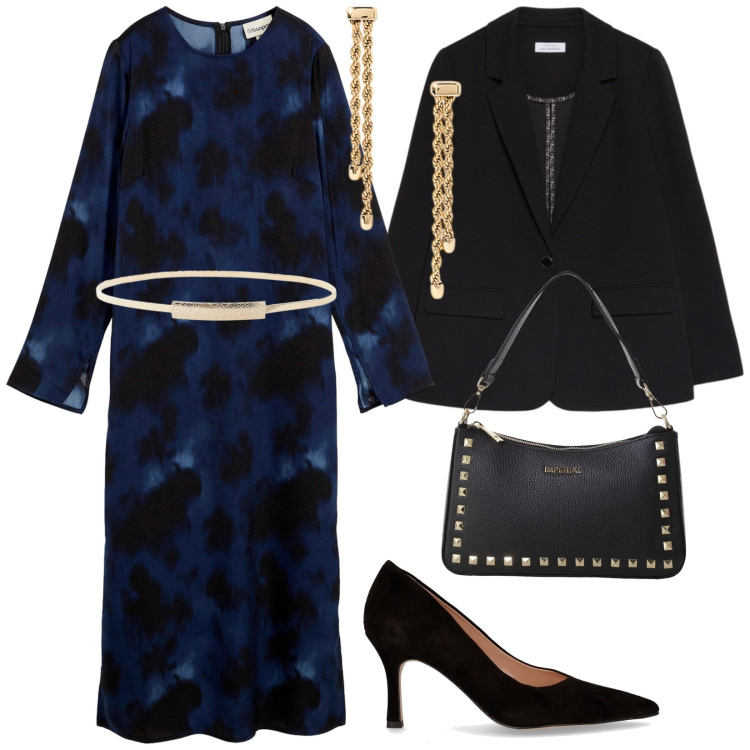 Outfit donna - Invito a cena. per Serata fuori. Abbinamento con vestiti midi/longuette, pochette, cinture, orecchini, blazer, décolleté.