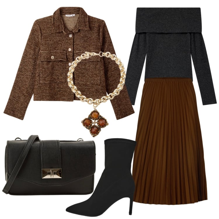 Outfit donna - Eleganza low cost. Stile Minimal per Serata fuori. Abbinamento con blazer, stivali, maglieria, borse a tracolla, collane, gonne longuette.