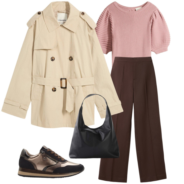 Outfit donna - Total look #2262772. Stile Casual per Tutti i giorni. Abbinamento con trench, shopping bag, sneakers, maglieria, pantaloni.