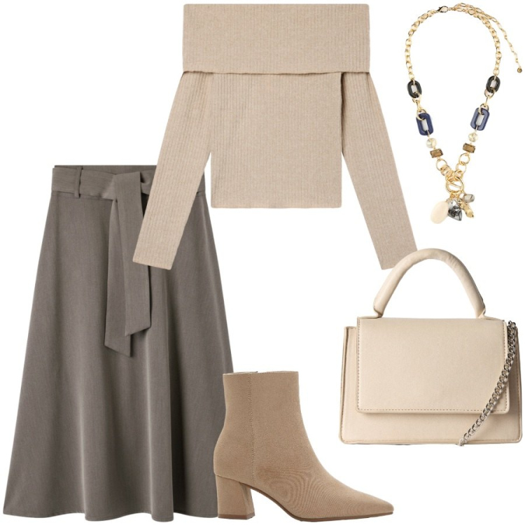 Outfit donna - In ufficio un po anni \'50. Stile Chic per Ufficio. Abbinamento con stivaletti, gonne lunghe, borse a tracolla, maglieria, collane.