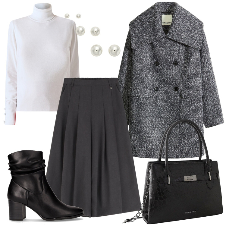 Outfit donna - Minimal chic. Stile Minimal per Ufficio. Abbinamento con cappotti, borse a mano, pantaloni a palazzo, maglieria, orecchini, stivaletti.
