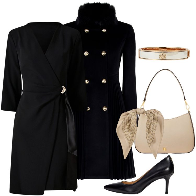 Outfit donna - C\'est chic. Stile Chic per Serata fuori. Abbinamento con cappotti, vestiti corti, braccialetti, borse a spalla, décolleté, foulard.