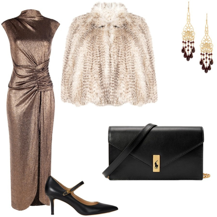 Outfit donna - Pronte per un matrimonio. Stile Glamour per Cerimonia. Abbinamento con ecopellicce, vestiti lunghi, clutch, décolleté, orecchini.