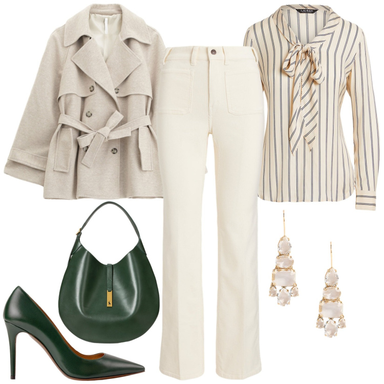 Outfit donna - Total look #2262783. Stile Chic per Tutti i giorni. Abbinamento con trench, borse a spalla, décolleté, orecchini, camicie, pantaloni.