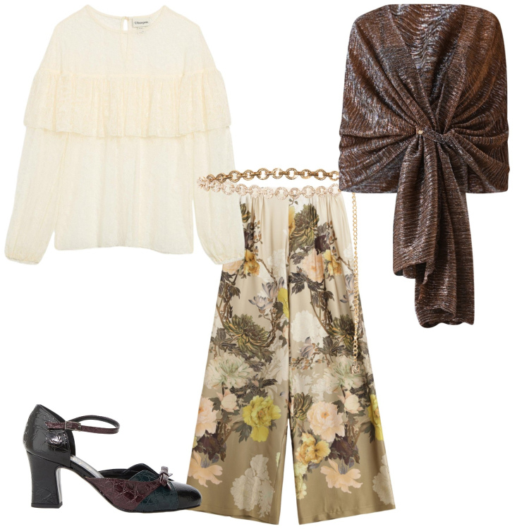 Outfit donna - Total look #2262784. Stile Romantica per Ufficio. Abbinamento con bluse, décolleté, stole, cinture, pantaloni a palazzo.