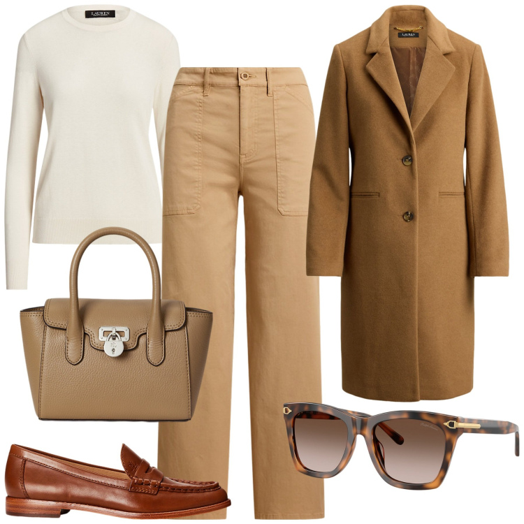 Outfit donna - Minimal autunnale. Stile Minimal per Ufficio. Abbinamento con mocassini, maglieria, pantaloni, borse a mano, cappotti, occhiali da sole.