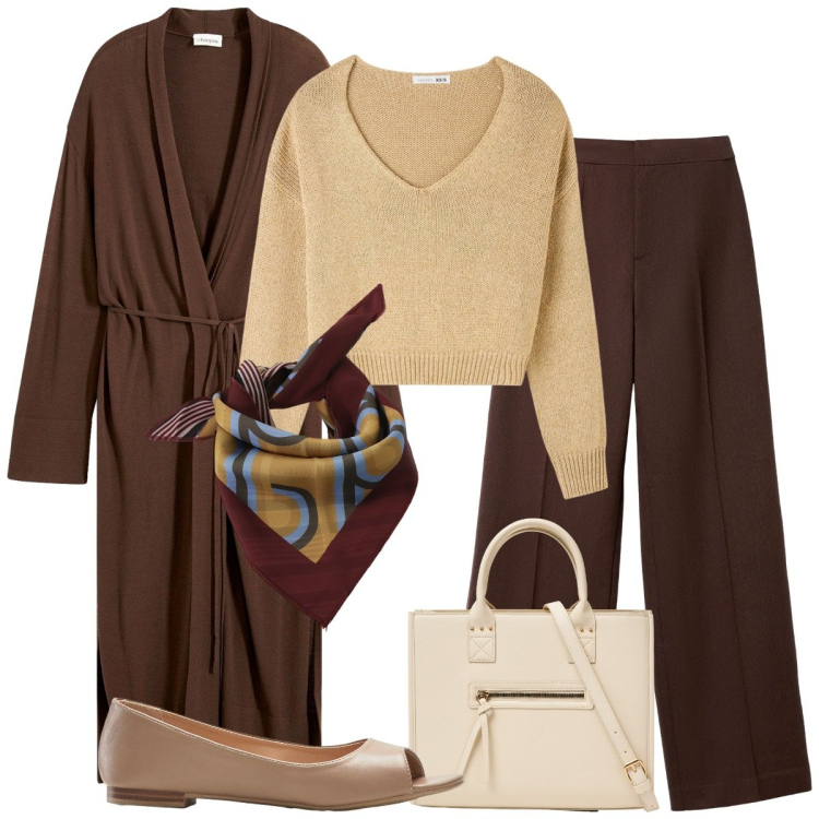 Outfit donna - Total look #2262789. Stile Basic per Ufficio. Abbinamento con ballerine, cappotti, maglieria, shopping bag, pantaloni, foulard.