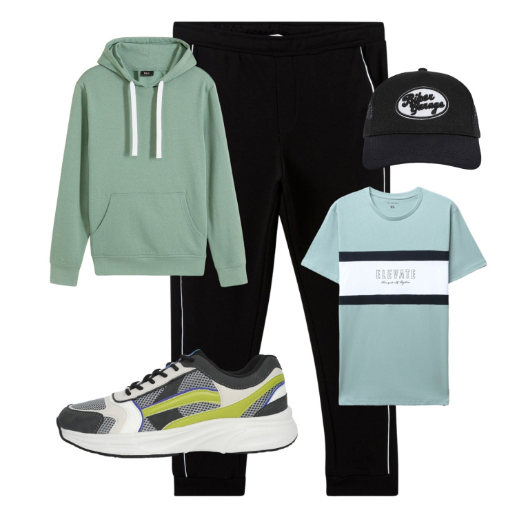 Outfit uomo - Passeggiata nel bosco!. Stile Urban per Tutti i giorni. Abbinamento con felpe con cappuccio, cappelli, pantaloni sportivi, t-shirt, sneakers.