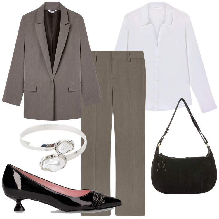 Outfit donna - Minimal autunnale. Stile Minimal per Ufficio. Abbinamento con borse a mano, blazer, camicie, pantaloni, braccialetti, décolleté.