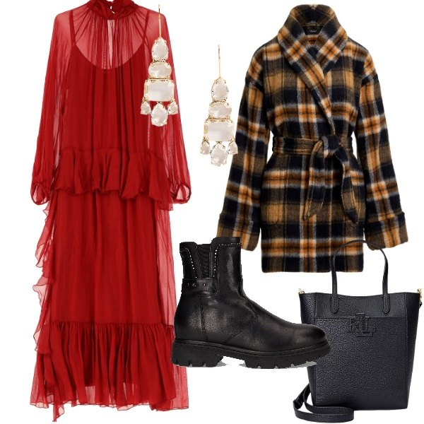 Outfit donna - Total look #2262795. Stile Urban per Serata fuori. Abbinamento con vestiti lunghi, borse tote, orecchini, cappotti, anfibi.