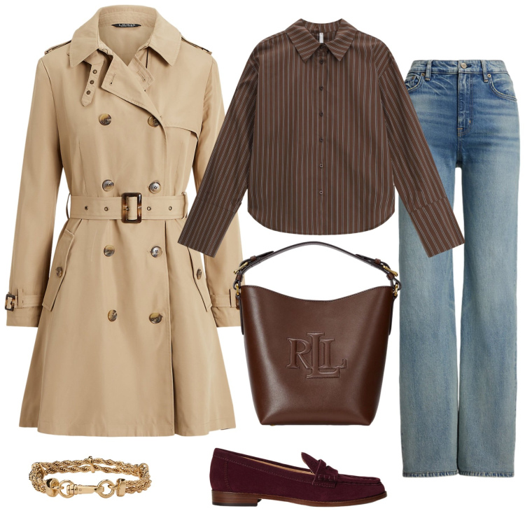 Outfit donna - Total look #2262796. Stile Casual per Ufficio. Abbinamento con camicie, borse a secchiello, braccialetti, mocassini, jeans, trench.