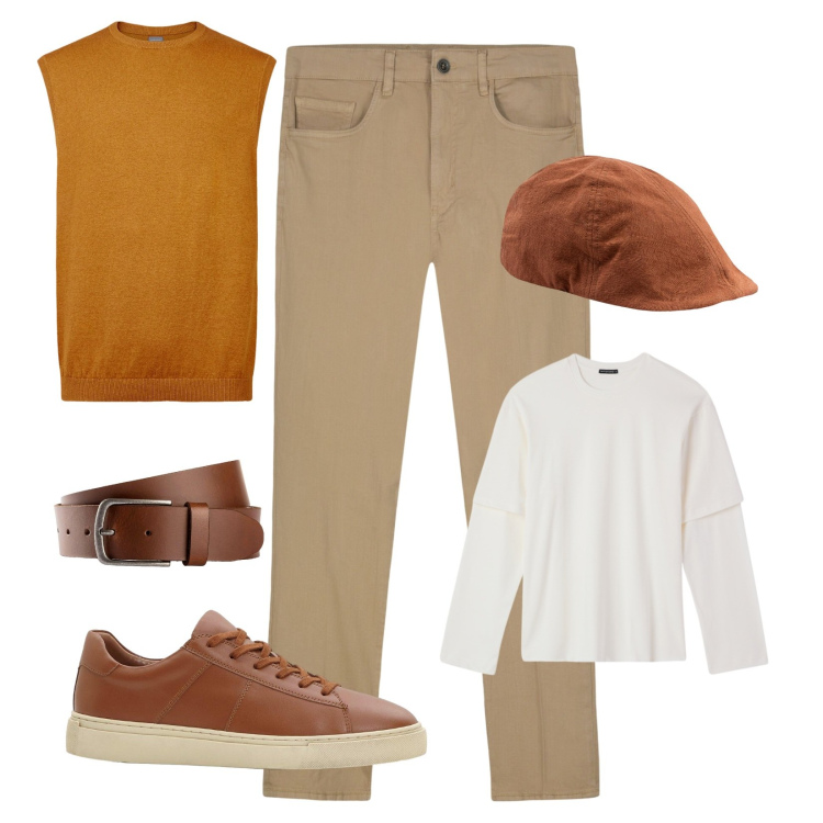 Outfit uomo - Passeggiata autunnale!. Stile Urban per Tutti i giorni. Abbinamento con cinture, sneakers, t-shirt, gilet, pantaloni, cappelli con visiera.