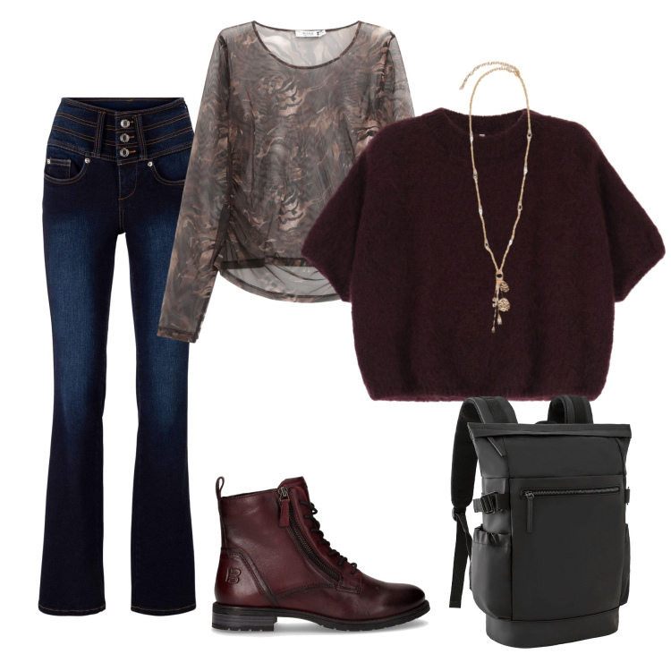 Outfit donna - Total look #2262803. Stile Casual per Tutti i giorni. Abbinamento con jeans bootcut, zaini, maglieria, maglieria, anfibi, ciondoli.