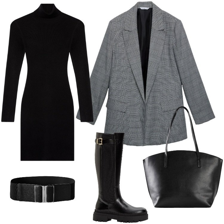 Outfit donna - Total look #2262805. Stile Minimal per Ufficio. Abbinamento con shopping bag, stivali, cinture, vestiti corti, blazer.