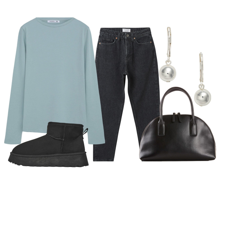 Outfit donna - Colori neutri. Stile Minimal per Tutti i giorni. Abbinamento con shopping bag, jeans mom, stivaletti, t-shirt, orecchini.
