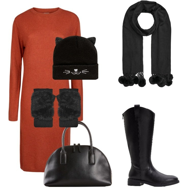 Outfit donna - Solo gatti. Stile Trendy per Tutti i giorni. Abbinamento con shopping bag, stivali, berretti, guanti, sciarpe, vestiti midi/longuette.