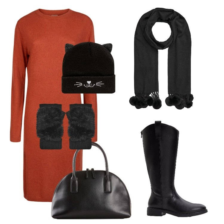 Outfit donna - Total look #2262811. Stile Urban per Tutti i giorni. Abbinamento con shopping bag, stivali, berretti, sciarpe, guanti, vestiti midi/longuette.