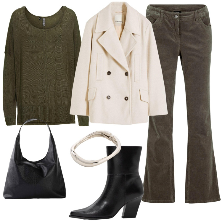 Outfit donna - Autunno bonprix. Stile Casual per Tutti i giorni. Abbinamento con pantaloni, caban, maglieria, stivaletti, braccialetti, shopping bag.