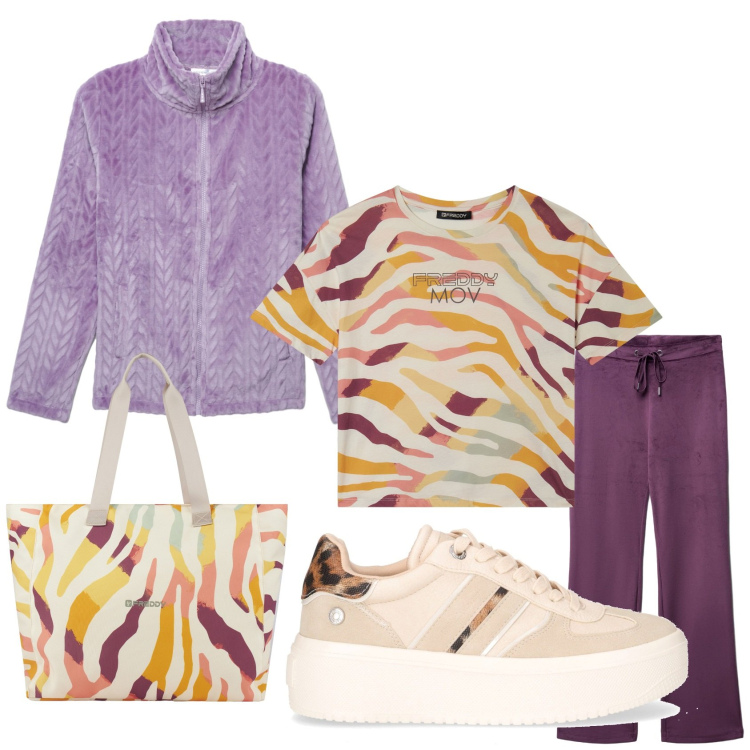 Outfit donna - In palestra in viola. Stile Sporty chic per Sport. Abbinamento con pantaloni, felpe, shopping bag, t-shirt, sneakers.