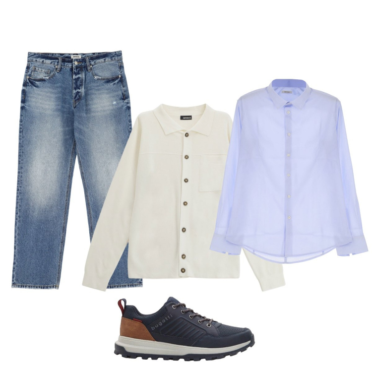 Outfit uomo - Il cardigan che sembra una camicia. Stile Casual per Ufficio. Abbinamento con sneakers, camicie, jeans, cardigans.