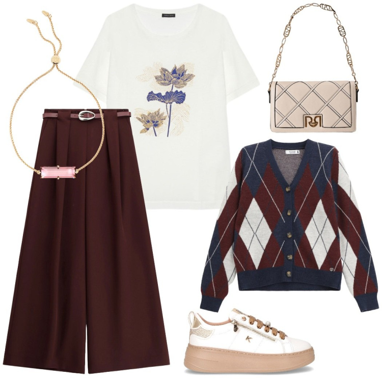 Outfit donna - Urban style. Stile Urban per Tutti i giorni. Abbinamento con cardigans, borse a tracolla, pantaloni a palazzo, braccialetti, sneakers, t-shirt.