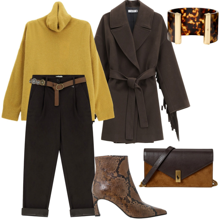 Outfit donna - Total look #2262826. Stile Trendy per Ufficio. Abbinamento con cappotti, maglieria, pantaloni, stivaletti, clutch, braccialetti.