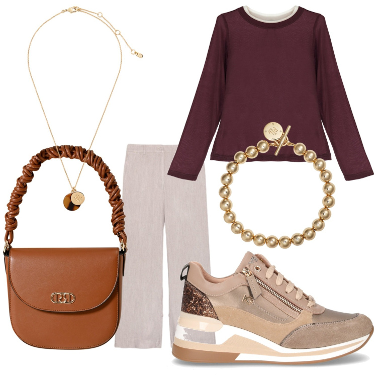 Outfit donna - Total look #2262827. Stile Bon Ton per Tutti i giorni. Abbinamento con borse a mano, t-shirt, braccialetti, collane, sneakers alte, pantaloni.