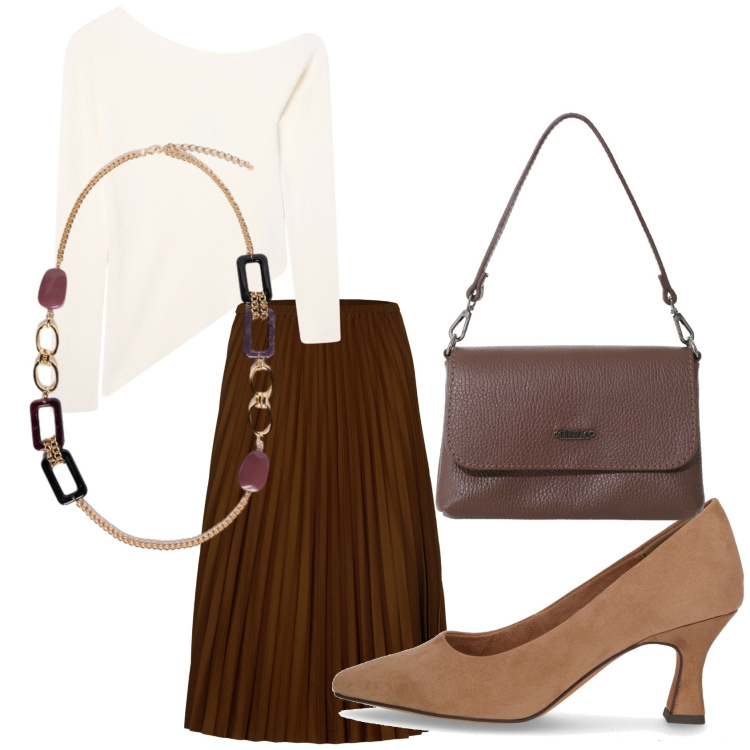Outfit donna - Total look #2262829. Stile Casual chic per Tutti i giorni. Abbinamento con maglieria, borse a tracolla, gonne longuette, collane, décolleté.