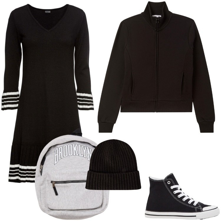 Outfit donna - Total look #2262832. Stile Basic per Tutti i giorni. Abbinamento con vestiti, sneakers alte, borse sportive, felpe sportive, berretti.