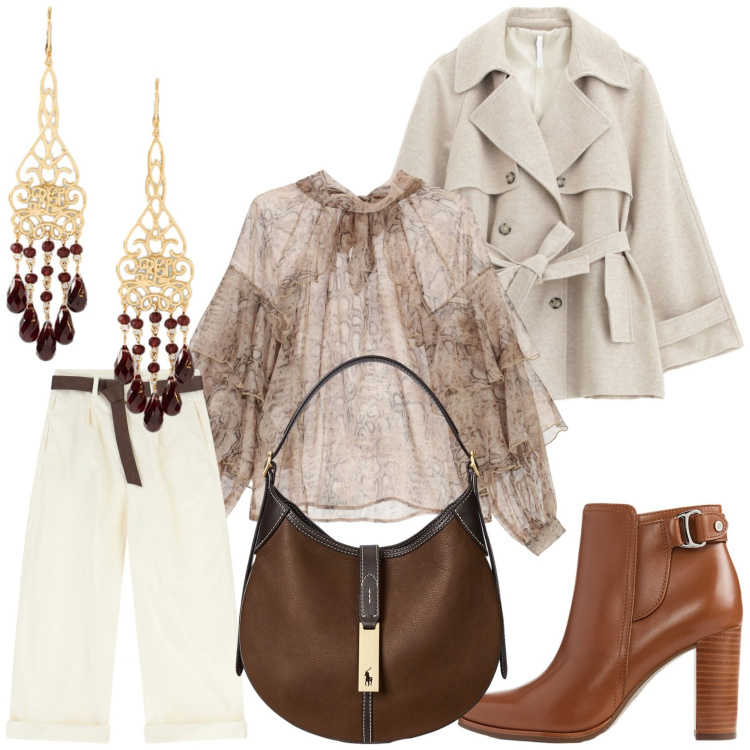 Outfit donna - Total look #2262833. Stile Chic per Serata fuori. Abbinamento con trench, camicie, pantaloni, stivaletti, borse a spalla, orecchini.
