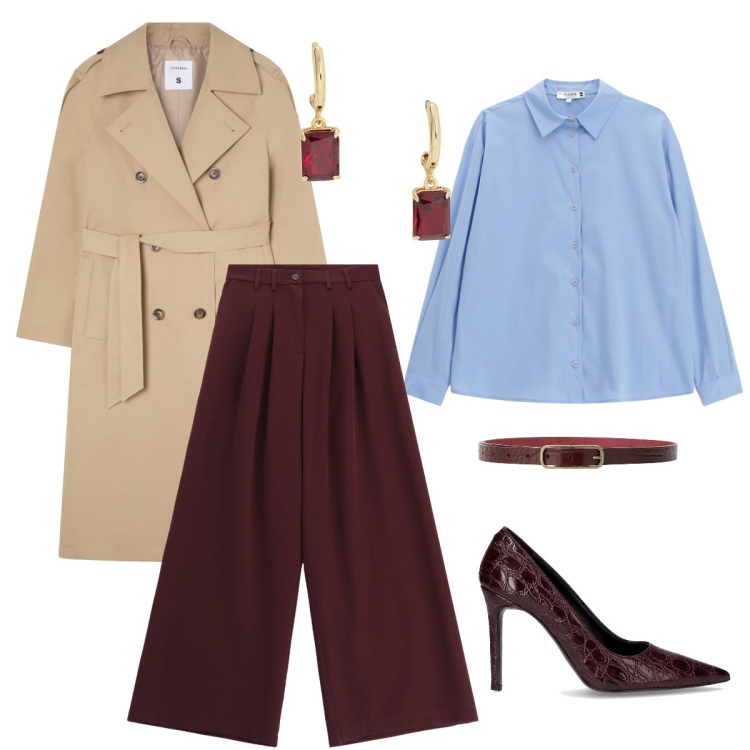 Outfit donna - Total look #2262836. Stile Glamour per Tutti i giorni. Abbinamento con trench, pantaloni, camicie, cinture, orecchini, décolleté.