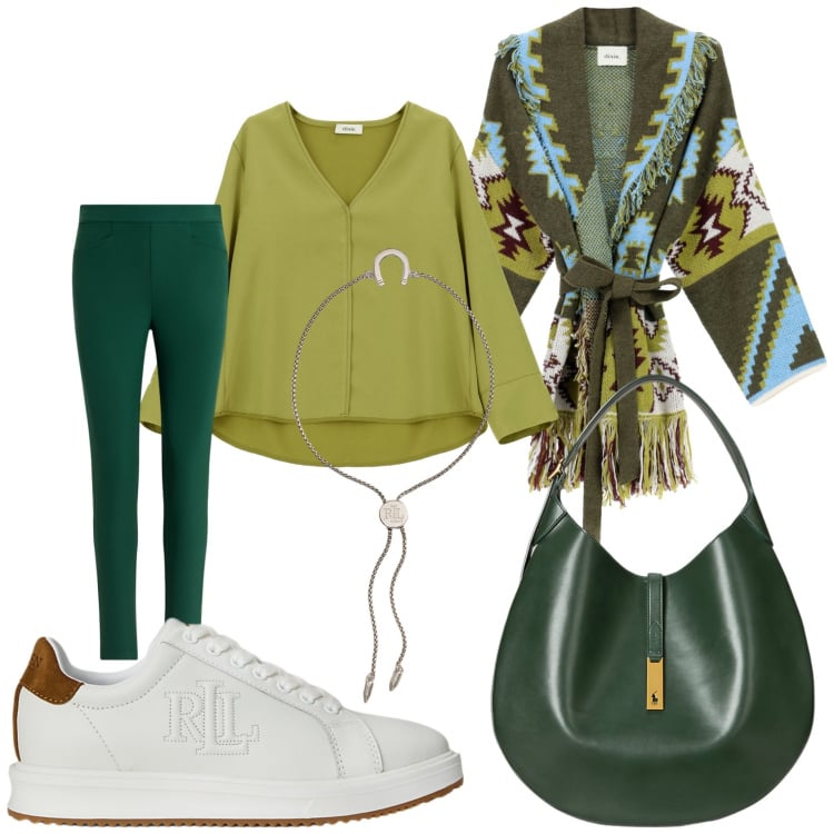 Outfit donna - Trench multicolore. Stile Casual chic per Serata fuori. Abbinamento con camicie, cappotti, borse a spalla, pantaloni, sneakers, braccialetti con ciondoli.