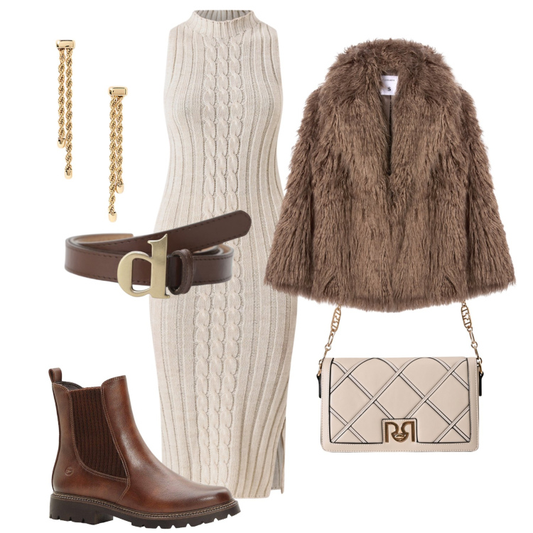 Outfit donna - Trend city time. Stile Casual chic per Tutti i giorni. Abbinamento con stivaletti chelsea, ecopellicce, borse a tracolla, vestiti midi/longuette, cinture, orecchini.