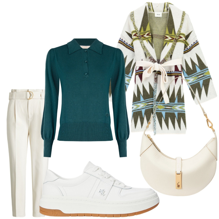 Outfit donna - Total look #2262840. Stile Chic per Serata fuori. Abbinamento con polo, cardigans, sneakers, pantaloni, borse a spalla.