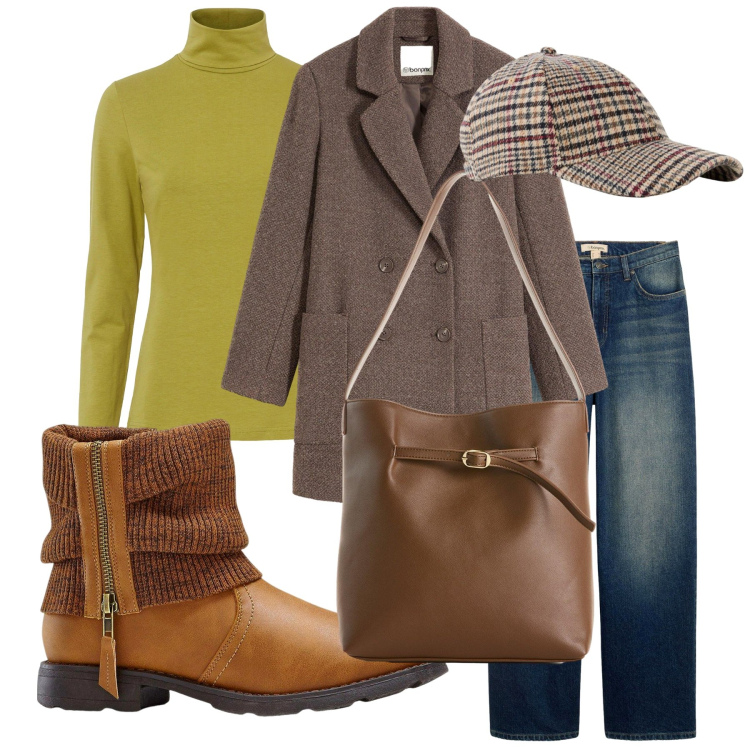 Outfit donna - I colori dell\'autunno. Stile Casual per Tutti i giorni. Abbinamento con stivaletti, maglieria, cappelli con visiera, cappotti, borse a mano, jeans.