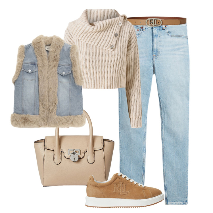 Outfit donna - Denim azzurro. Stile Urban per Tutti i giorni. Abbinamento con gilet, maglieria, borse a mano, sneakers, jeans slim fit, cinture.
