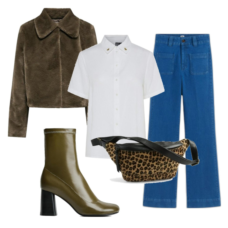 Outfit mujer - años 70 #324. Estilo años 70 para Todos los días. Combinación con abrigos, botines, riñoneras, vaqueros bootcut, camisas de manga corta.