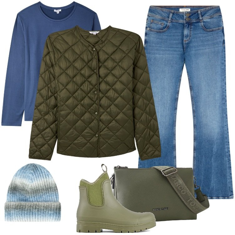 Outfit donna - Total look #2262849. Stile Basic per Tutti i giorni. Abbinamento con borse a tracolla, piumini, t-shirt, jeans a zampa, berretti, stivali.