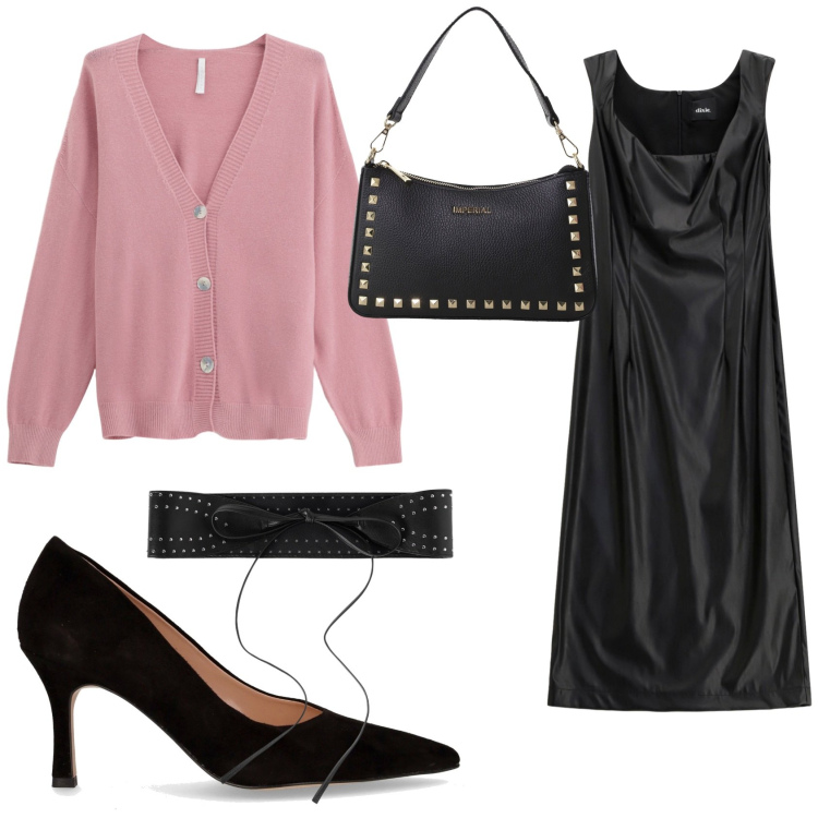 Outfit donna - Vestito di pelle e cardigan. Stile Bon Ton per Ufficio. Abbinamento con cinture, pochette, cardigans, vestiti midi/longuette, décolleté.