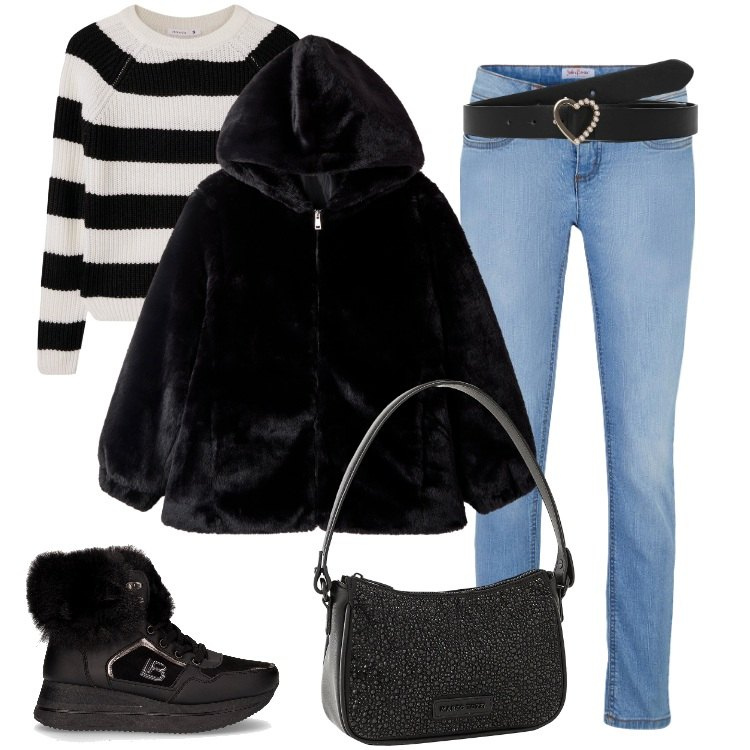 Outfit donna - Total look #2262854. Stile Sporty chic per Serata fuori. Abbinamento con jeans skinny, borse a mano, cinture, maglieria, ecopellicce, sneakers alte.