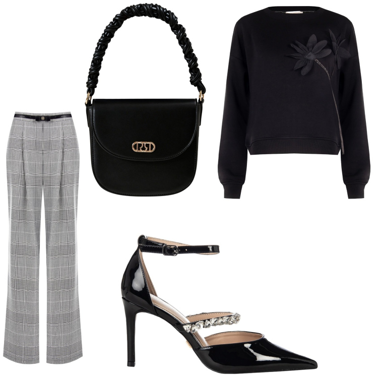 Outfit donna - Primi saldi Rinascimento. Stile Casual chic per Ufficio. Abbinamento con felpe, pantaloni, borse a mano, décolleté.