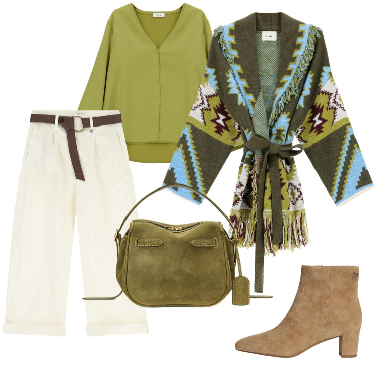 Outfit donna - Cappottino in maglia etnico. Stile Etnico per Tutti i giorni. Abbinamento con cappotti, camicie, pantaloni, stivaletti, borse a mano.