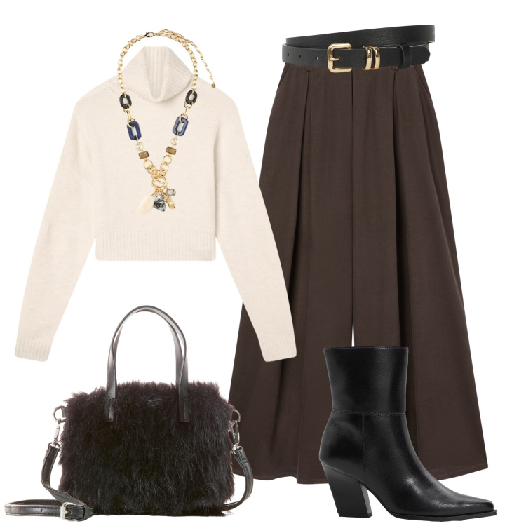 Outfit donna - Pantagonna glam. Stile Glamour per Ufficio. Abbinamento con stivaletti, cinture, borse a mano, maglieria, pantaloni, collane.